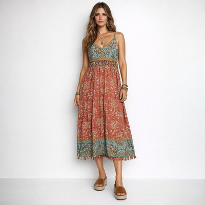 #ad Sundance Midi Dress XL Indamira Blue Orange Floral Fringe Boho Resort Sundress $37.49