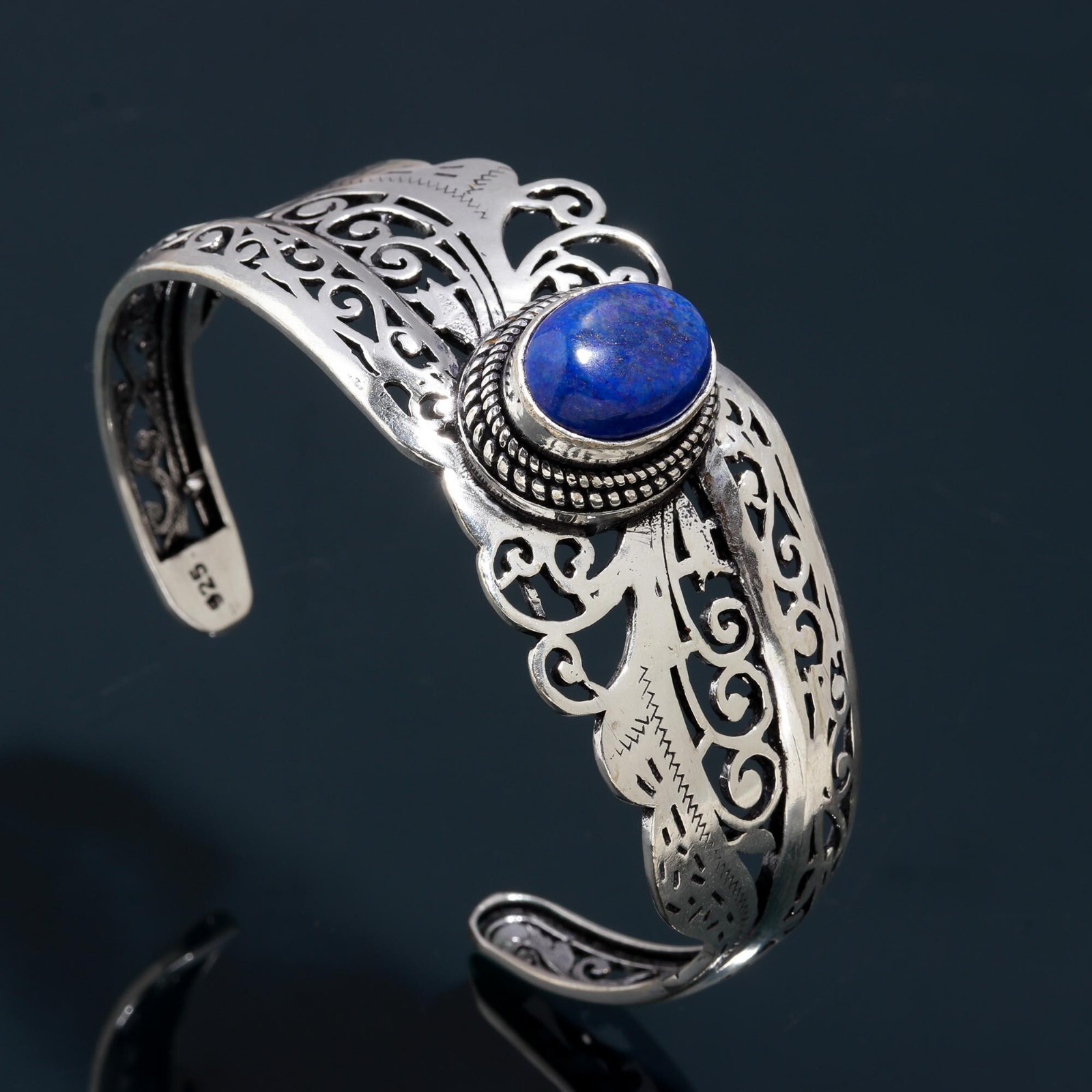 Bangle Lapis Lazuli Gemstone Handmade 925 Sterling Silver Cuff Adjustable-image