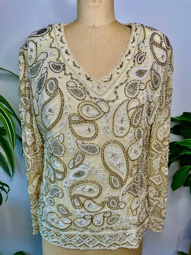 VTG 90'S*CREAM&GOLD PAISLEY SEQUIN BEAD EMBELLISHED EVENING PARTY SHIRT BLOUSE*S