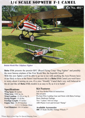 Balsa USA 1/4 Quarter Scale Sopwith F1 F-1 Camel Remote