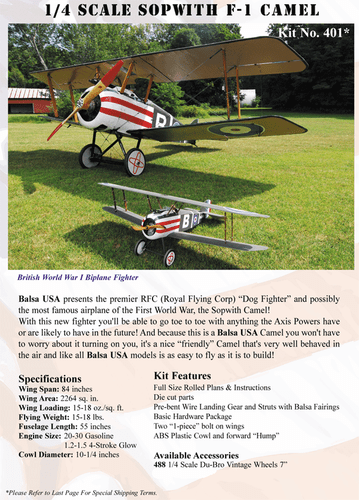 Balsa USA 1/4 Quarter Scale Sopwith F1 F-1 Camel Remote Control Airplane Kit 401 - Picture 2 of 4
