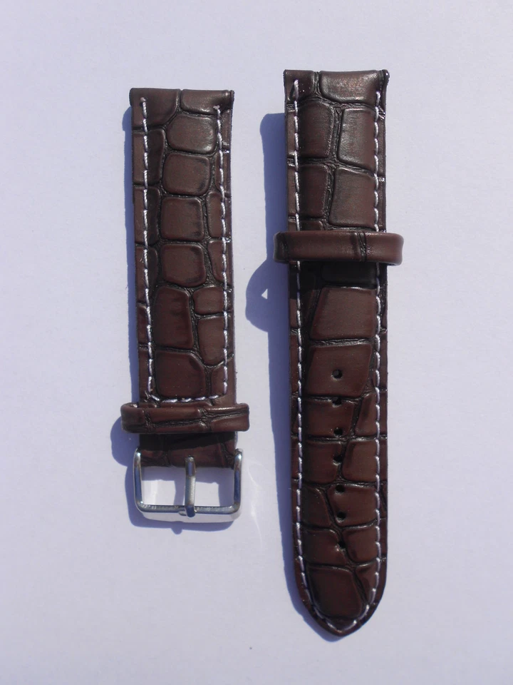 Bracelet de Montre Cuir Artificiel Brun Foncé Serpent Couture Blanc 20 22 MM - Photo 1/1