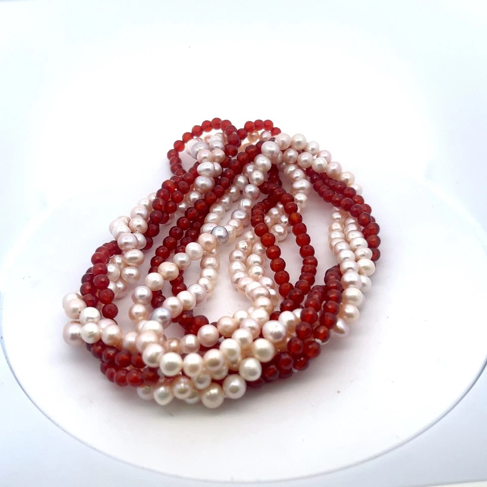 4-Strand 6mm Facetado Ámbar Cuentas & 8mm Crema/ Rosa Perla Retorcido Collar - Imagen 2 de 4