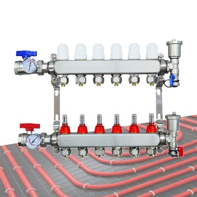 6-Branch PEX Radiant Floor Heating Water Distributor Geothermal Manifold Set