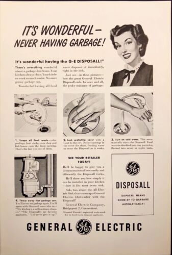 Pubblicità General Electric smaltimento rifiuti Bridgeport CT stampa d'epoca 1949