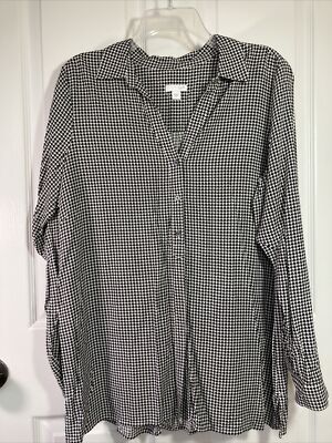 J. JILL Button down Houndstooth Shirt v-neck Tunic Black white  SZ: S   707C