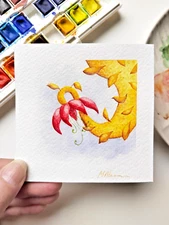 Original 4x4 Watercolor Painting – Yellow Liana and Red Flower – Whimsical Art