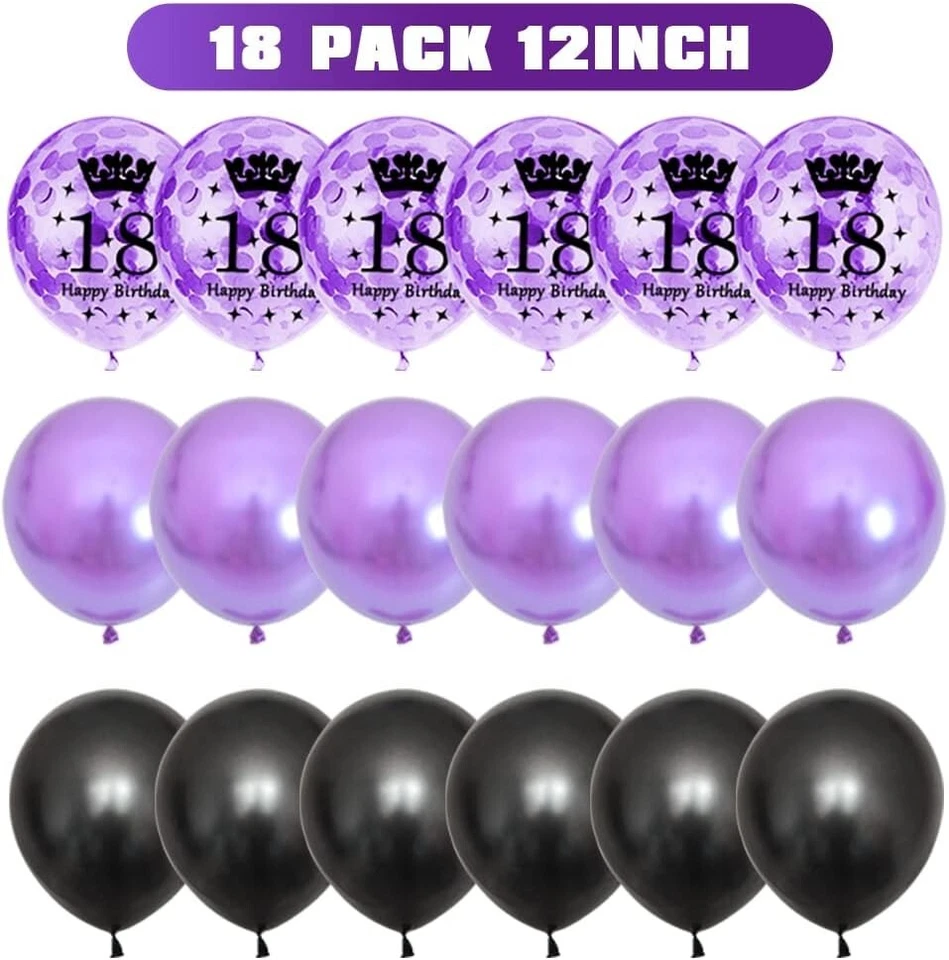18th Birthday Party Decorations Set 30Pcs Confetti Balloons Banner Purple 18 - Image 2 of 4