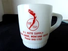 VINTAGE FIRE KING *D L AUTO SUPPLY* DEER LODGE, MONTANA - MILK GLASS MUG