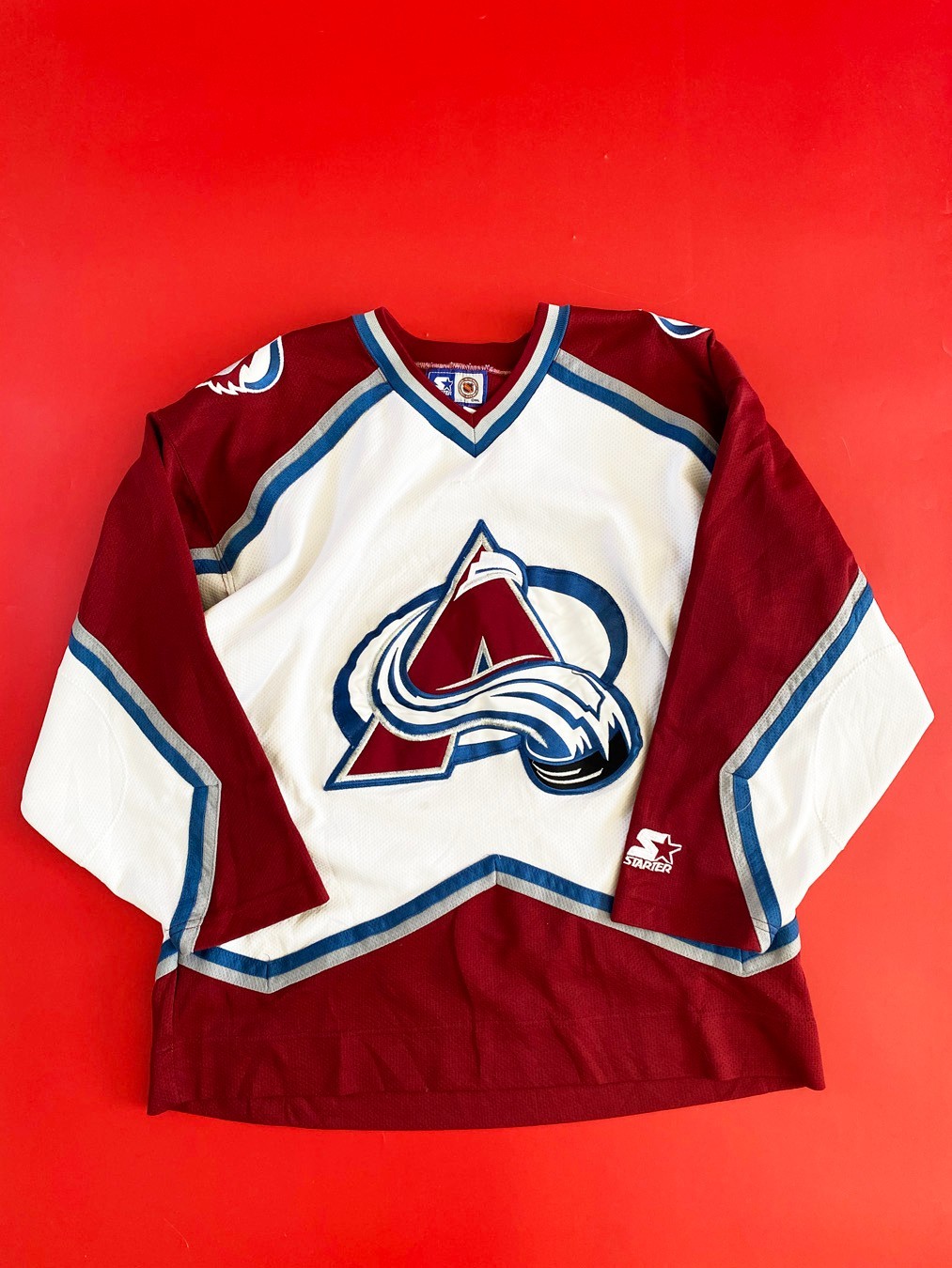 Vintage 90s Starter NHL Colorado Avalanche Hockey Jersey Mens Large White Blue