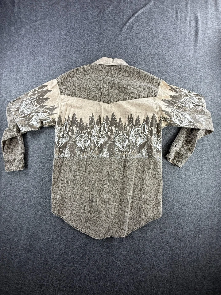 Western Plains Trading Co. Men’s Medium Button Shirt Black Wolf Hunt AOP - Image 2 of 4