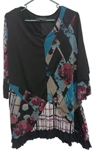 Style & Co Womens BOHO Artsy Tunic Top Size 1X Patchwork 3/4 Sleeve Ruffle
