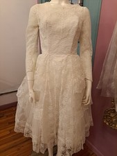 VINTAGE 1950s 50's WHITE LACE TIERED RUFFLES LAYERS PRINCESS WEDDING GOWN DRESS