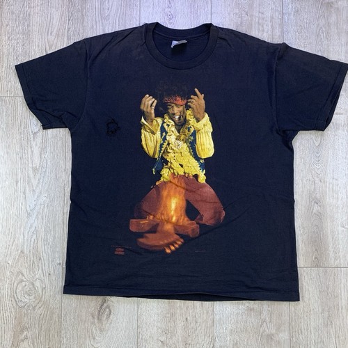 Maglietta Vintage Jimi Hendrix 1991 Chitarra Brucia XL Punto Singolo FORO E SCOLORIMENTO - Foto 1 di 18