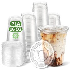 16 OZ Compostable Clear Plastic Disposable Iced Coffee Cups with Flat Lids, B...