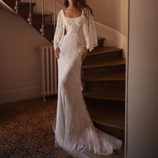 2-in-1 Detachable Cape Mermaid Wedding Dress Square Neck Beaded Lace Bride Gown