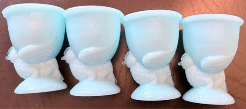 Vintage French Opaline Light Blue Milk Glass Egg Cups Chicken Hen Design Easter