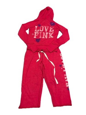Y2K Pink Victorias Secret Women s XS Sweat Track Set Jacket Capri Jeweled Logo
