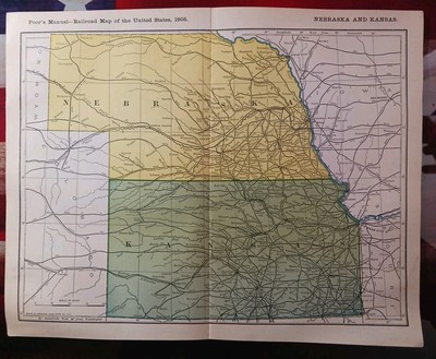 1905 datierte Zug Streckenkarte NEBRASKA & KANSAS alle Eisenbahnlinien markiert 11''x9''
