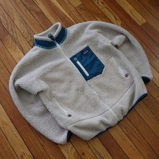 Patagonia Retro-X Deep Pile Fleece Jacket Kids XL 14 Beige Blue Boys Girls Coat