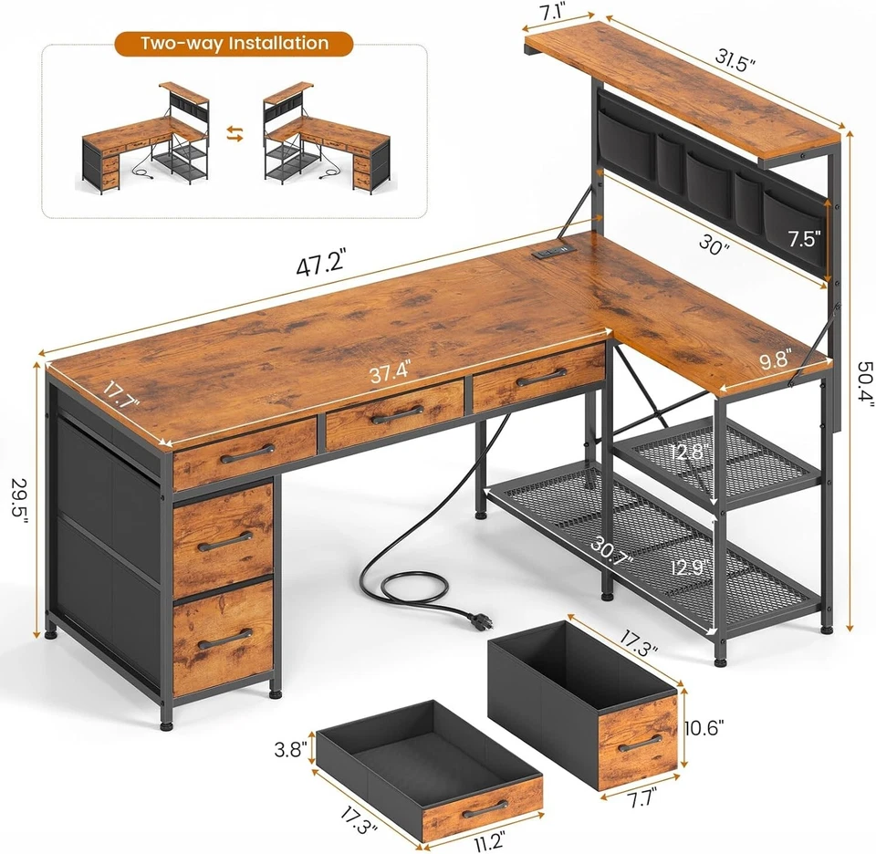 L Shaped Office Desk, Reversible Computer Desk with 5 Drawers & Storage Shelves - Image 3 of 4