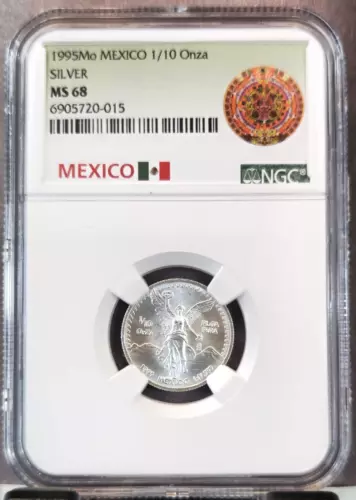 1995 MEXICO SILVER 1/10 ONZA LIBERTAD NGC MS 68 SCARCE BRIGHT GEM BU