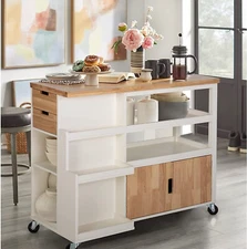Kitchen Island Cart Rolling Wheels Buffet Storage Cabinet Trolley w/ Wood Table
