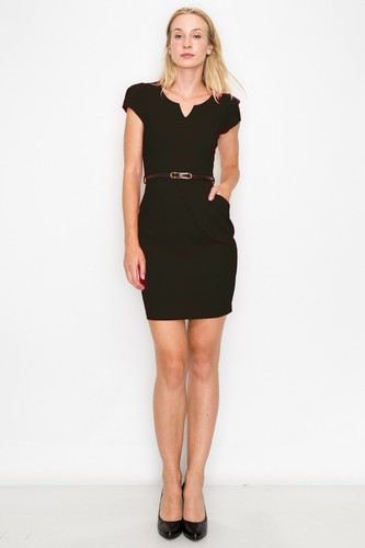 Short Sleeve Mini Dress V-Neck Bodycon Zipper Back Belt Pockets D3266 - Picture 3 of 18