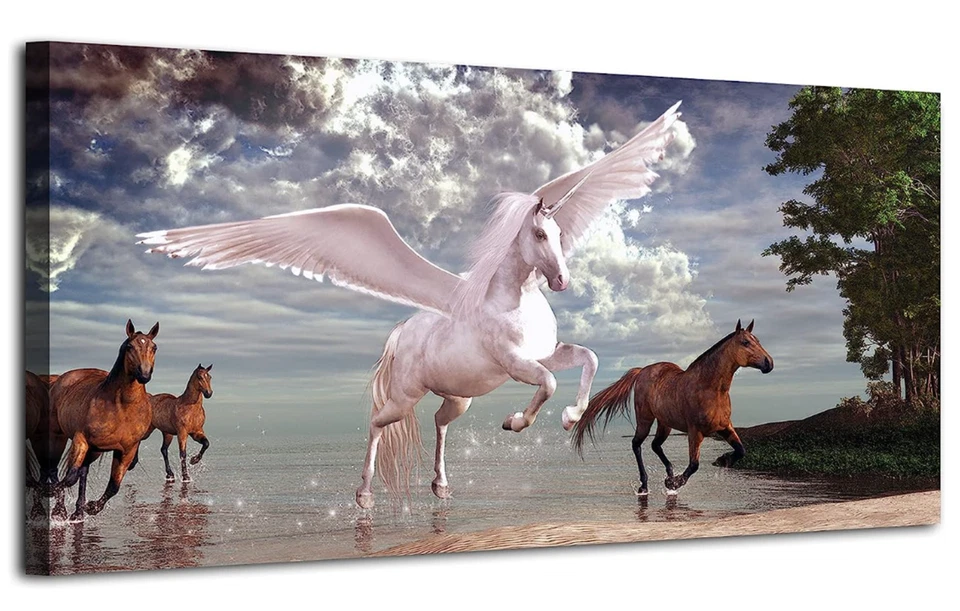 Canvas Print Wall Art Sea Beach Flying Horses 12x24" Wooden Frame Ready to Hang - Image 2 of 4