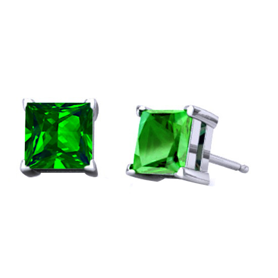 Solitaire Stud Earrings with Simulated Emerald in 14K White Gold Plated Sterling Silver-image