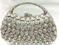 New Silver With Iridescent Crystal Evening Clutch Hand Bag