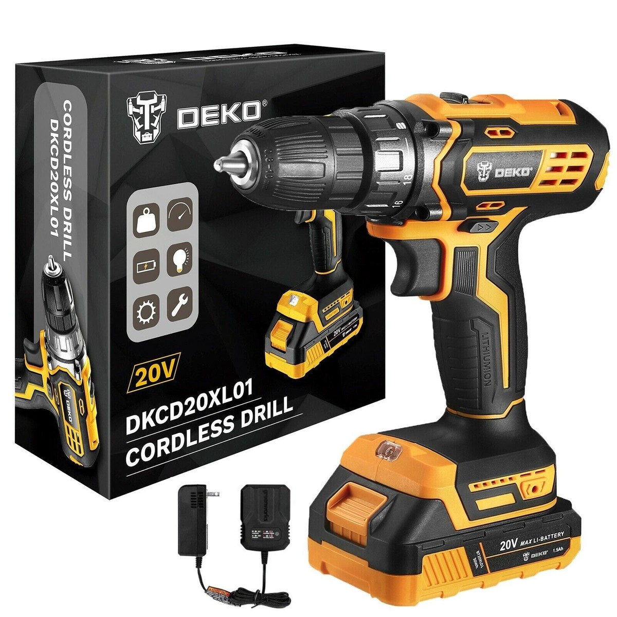 DEKO 20 Volt Electric Drill Cordless Li-Ion Drill Screw Gun Driver