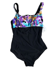 Womens Profile by Gottex Multi Print Ruffled One-Piece Black Swimsuit Size 8 NWT