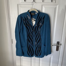 Bob Mackie Women's Xs Teal Black Sequin Zip Embellished Jacket Wearable Art