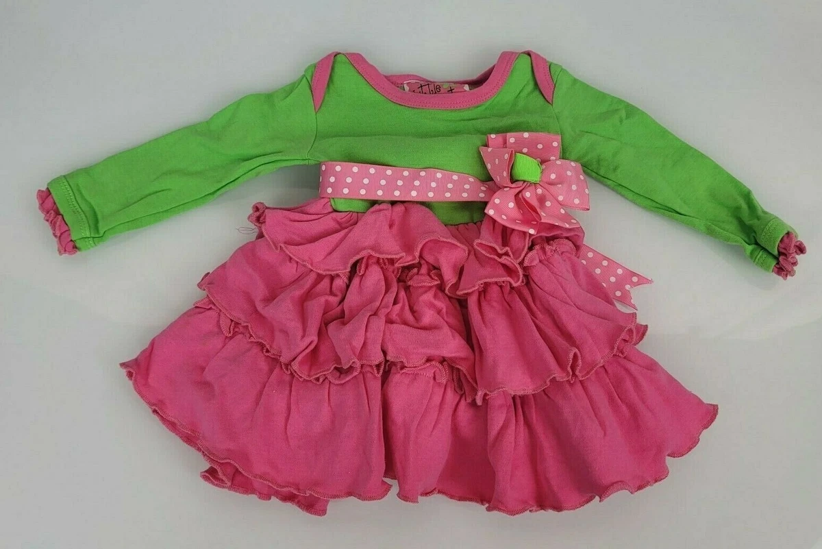 Mud Pie Little Sprout Hot Pink Lime Green Baby Ruffle Dress Ribbon Flower 0 3 6