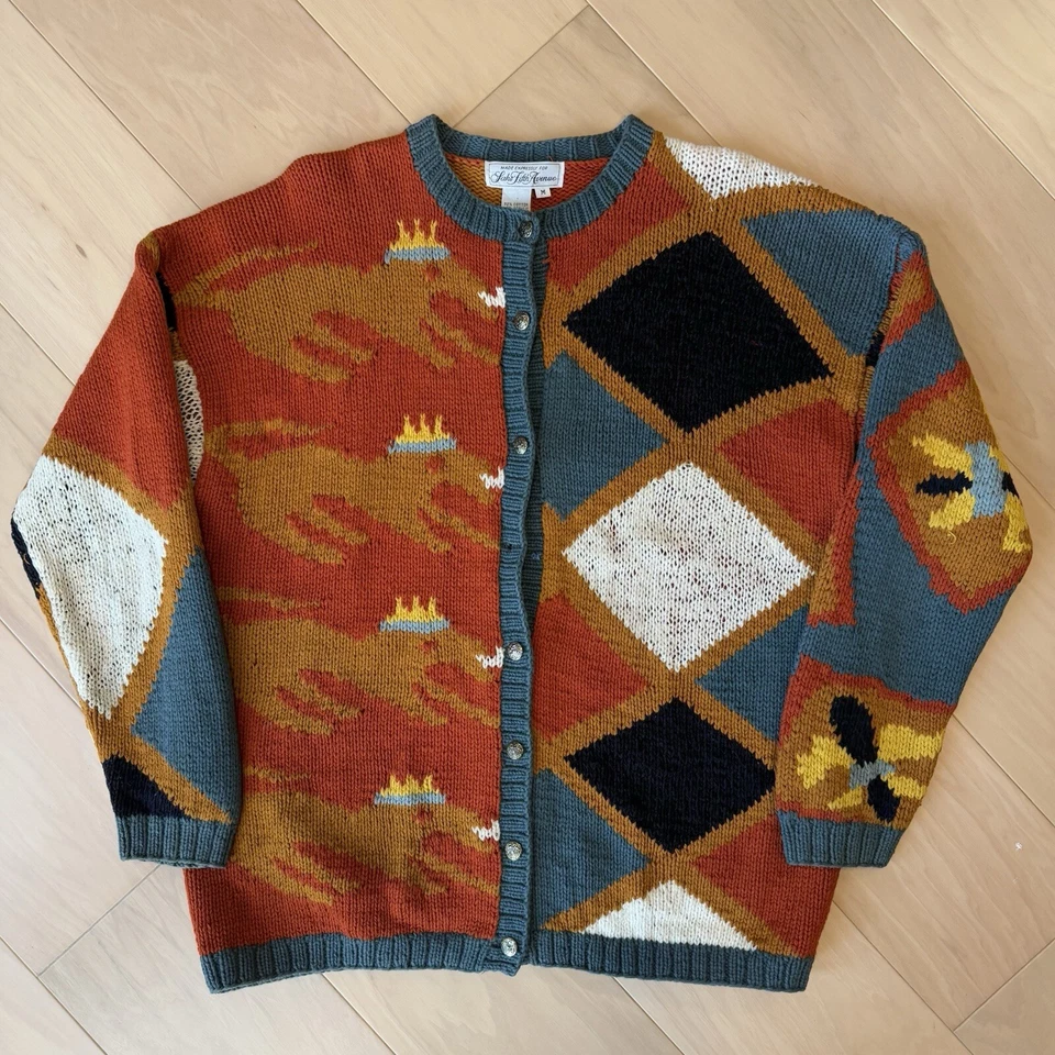 Vintage Saks Fifth Avenue Cardigan Women's M Multicolor Art Glam Boho New York - Image 2 of 4