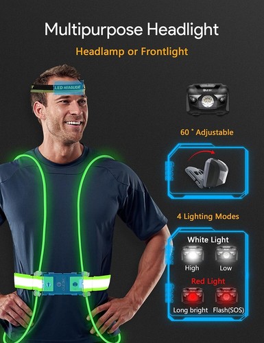 LED ORANGE REFLECTIVE VEST WITH LED HEADLAMP ADULT MEDIUM Running Light GEAR - Picture 7 of 9