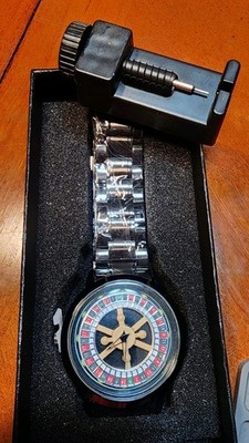 Men's Fashion Spinning Roulette Wheel Watch. Black Stainless Band With Link Tool