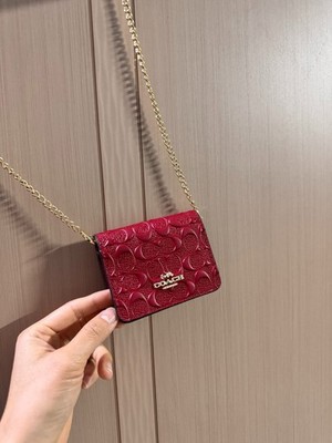 Red COACH CH006 Mini Wallet on a Chain with In Signature Print