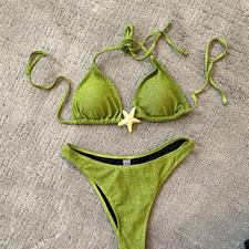 Women  s Green Glitter Triangle Halter Bikini Set 2-Piece Adjustable Size M