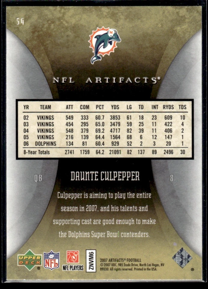 2007 Upper Deck Artifacts Daunte Culpepper Miami Dolphins #54 - Image 2 of 2