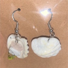 White Natural Shell  Green Glass Bead Dangle Drop Earrings, Hook, Beach Theme