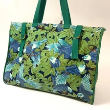 HERMES GM Birds Tropical Parrots Tote Bag Shoulder Bag Canvas Green Used