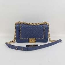 Chanel Medium Boy Flap Blue Quilted Aged Calfskin Chain Detail Gold HW Authentic