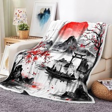 DYNH Japanese Cherry Blossom Throw Blanket, Boat Mountain Cherry Branches Red...