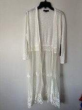 Sheer Lace Duster Kimono Cardigan Boho Festival Midi M Floral Embroidery Ivory