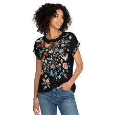 Johnny Was Mariposa Relaxed Tee Short Sleeve Floral Butterfly Shirt Black Top NW