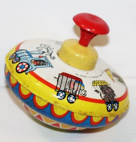 Vintage Toy Ohio Art 304I179 USA Tin Litho Metal Spinning Top Circus Animals