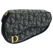 Christian Dior Trotter Canvas Pouch Navy Gold Auth 104571
