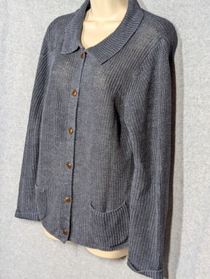 Poetry Women's Linen Knitted Jacket US 12 Button up Blue Collar Sustainable Easy